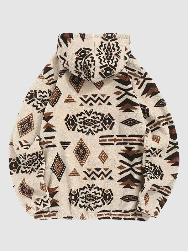 Erkek Suni Sherpa Retro Aztek Desen Kapüşonlu Sweatshirt