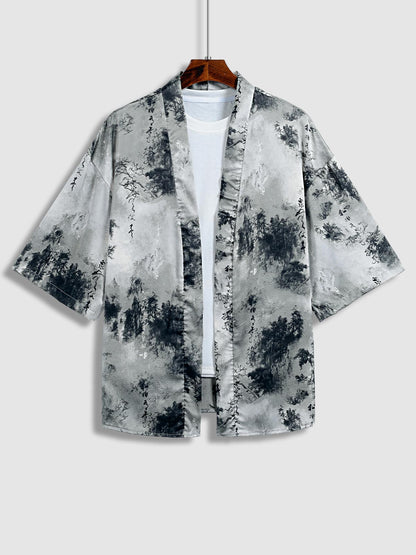 Erkek Çince karakter saten retro tarzı kimono kısa kollu gömlek