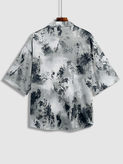 Erkek Çince karakter saten retro tarzı kimono kısa kollu gömlek