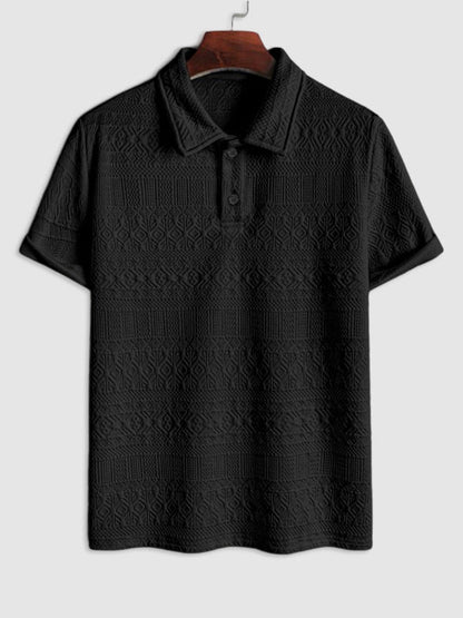 Geometrik Vintage Jakarlı Yaka Kısa Kollu Polo-Siyah