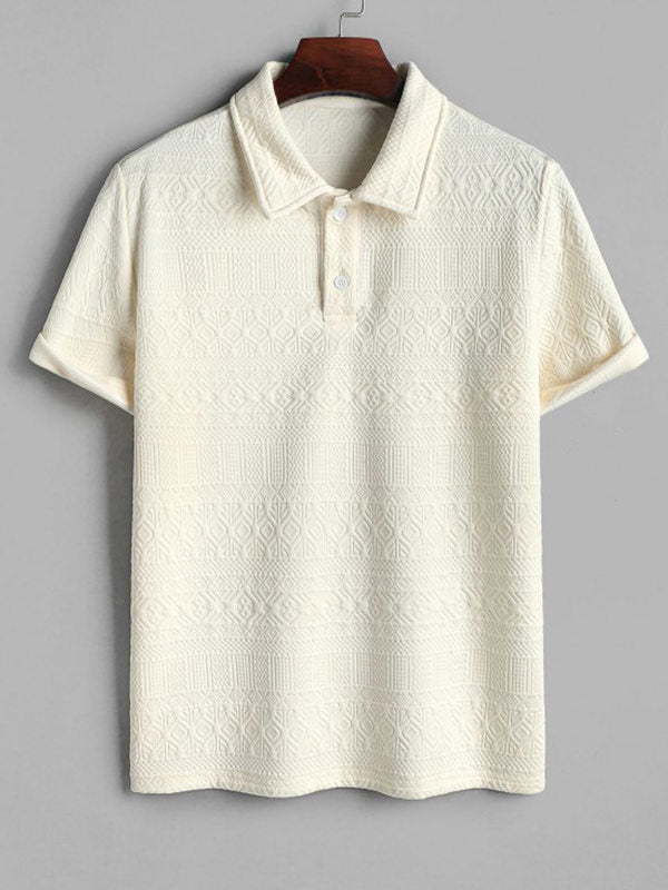 Geometrik Vintage Jakarlı Yaka Kısa Kollu Polo-Bej