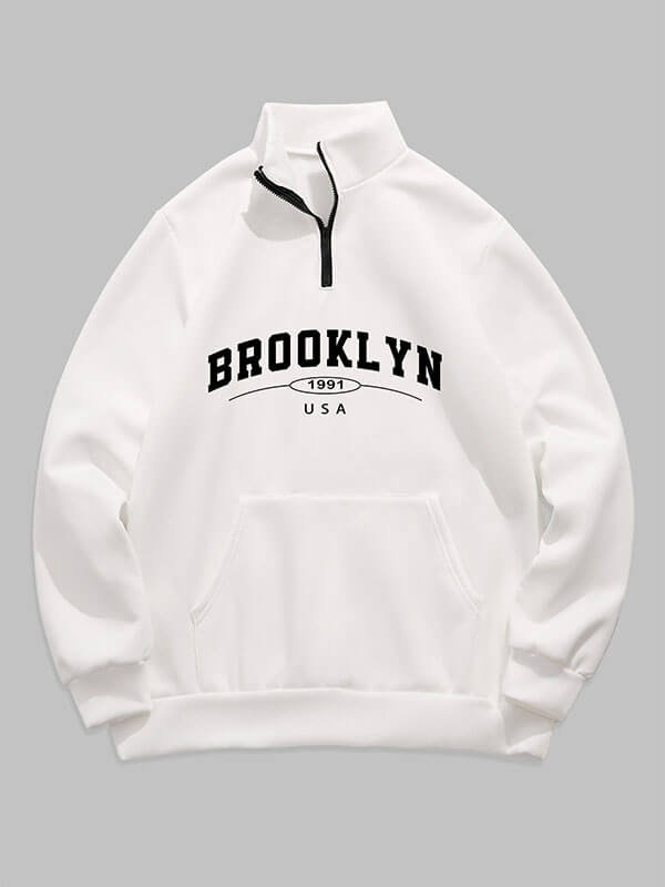 Erkek "BROOKLYN" harfli çeyrek fermuarlı dik yaka sweatshirt