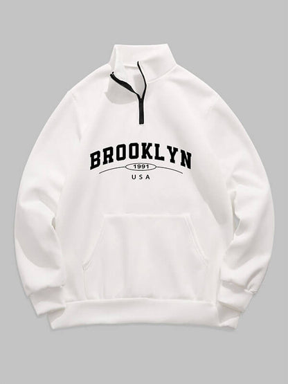 Erkek "BROOKLYN" harfli çeyrek fermuarlı dik yaka sweatshirt