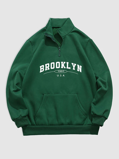 Erkek "BROOKLYN" harfli çeyrek fermuarlı dik yaka sweatshirt