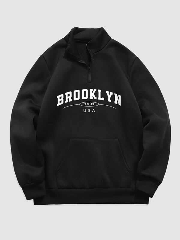 Erkek "BROOKLYN" harfli çeyrek fermuarlı dik yaka sweatshirt