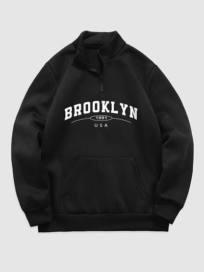 Erkek "BROOKLYN" harfli çeyrek fermuarlı dik yaka sweatshirt