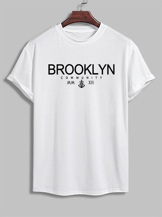 Erkek "BROOKLYN" harfli günlük bisiklet yaka tişört