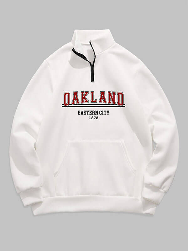 Erkek "OSAKLAND" harfli çeyrek fermuarlı dik yaka sweatshirt