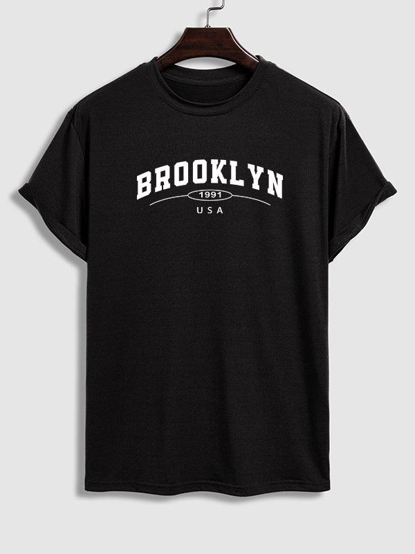 Erkek "BROOKLYN" harf baskılı günlük bisiklet yaka kısa kollu tişört