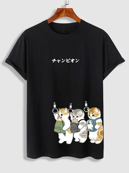 Erkek Japon Karikatür Kedi Baskılı Basic Tişört